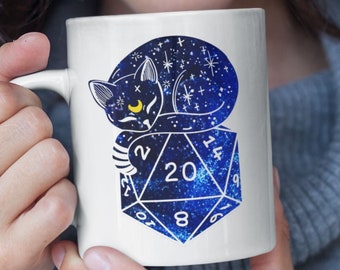 Cat D20 Mug: Dungeon Master Gift for D&D Cat Lovers