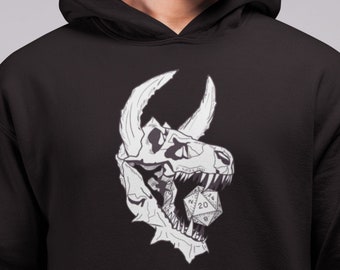 May include: Black hoodie with a white graphic of a dinosaur skull with a 20-sided die in its mouth.