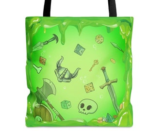 May include: Green tote bag with a slime design. The slime is dripping and contains various fantasy items like a sword, a helmet, dice, and a key.
