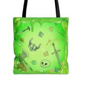 May include: Green tote bag with a slime design. The slime is dripping and contains various fantasy items like a sword, a helmet, dice, and a key.