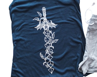 DND Tank Top, Dungeons and Dragons Tank Top, Dnd shirt women, D&d Tank Top, Sword andFlower d20 dice set shirt, Dnd gift for her