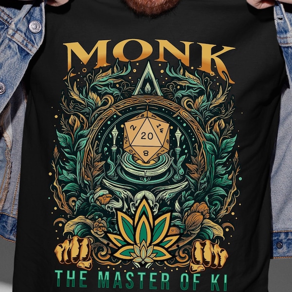 Moine du DND, chemise de moine du mdn, fureur des coups, cadeau de moine du mdn, moine de donjons et dragons, classe de moine, moine de cadeaux du md, moine dnd, dés de moine