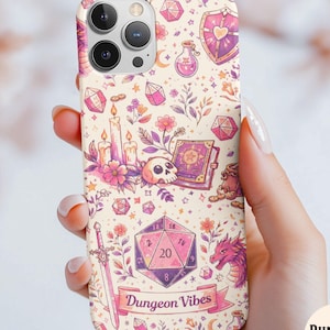 PHONE CASE DND, Cute Pink Aesthetic Whimsical Girly d&d phone case for Dungeons and Dragons players, Pathfinder and Bg3 gamer girl.