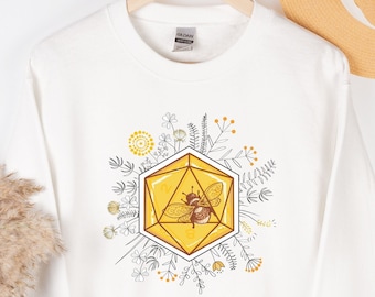 BEE DICE sweatshirt: Critical Role inspired, Honeycomb Bee dnd dice D20 TShirt, cottagecore bee lovers gift.