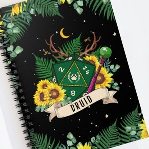 CUADERNO DRUIDA / Diario Dnd / Cuaderno Dnd / Astas de Druida / Dados de Druida con abeja, luna y girasol / Regalos de Druida / Notas de Druida dnd