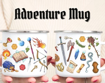 May include: Two white enamel mugs with a black handle. The mugs are decorated with colorful cartoon images of fantasy role-playing game items, such as swords, dice, potions, and a book. The text "Adventure Mug" is printed in black at the top of the image.