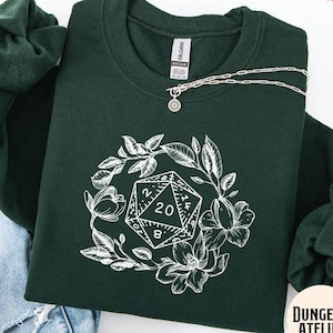 DND SWEATSHIRT: bloemen D20 d&d trui dames, bloemendobbelstenen dnd merch kleding cadeaus voor haar, druïde, ranger, dm vrouw gamer vriendin aanwezig