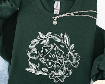 SUDADERA DND: Suéter floral D20 d&d para mujer, ropa de merchandising dnd con dados de flores, regalos para ella, druida, guardabosques, esposa dm, novia gamer, regalo