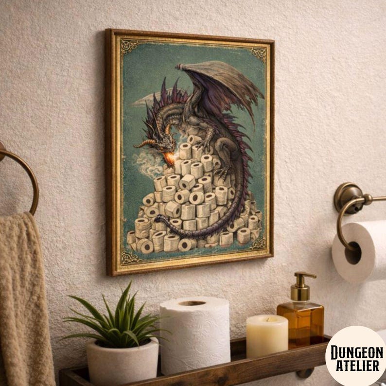 DRAGON WALL ART for Bathroom | Nerdy Medieval Fantasy Bathroom Humor Decor | D&D Dungeon Master Gift | Funny Geek Game Room   Tolkien, Lord of the Rings decor, the hobbit, MIDDLE EARTH MAP
