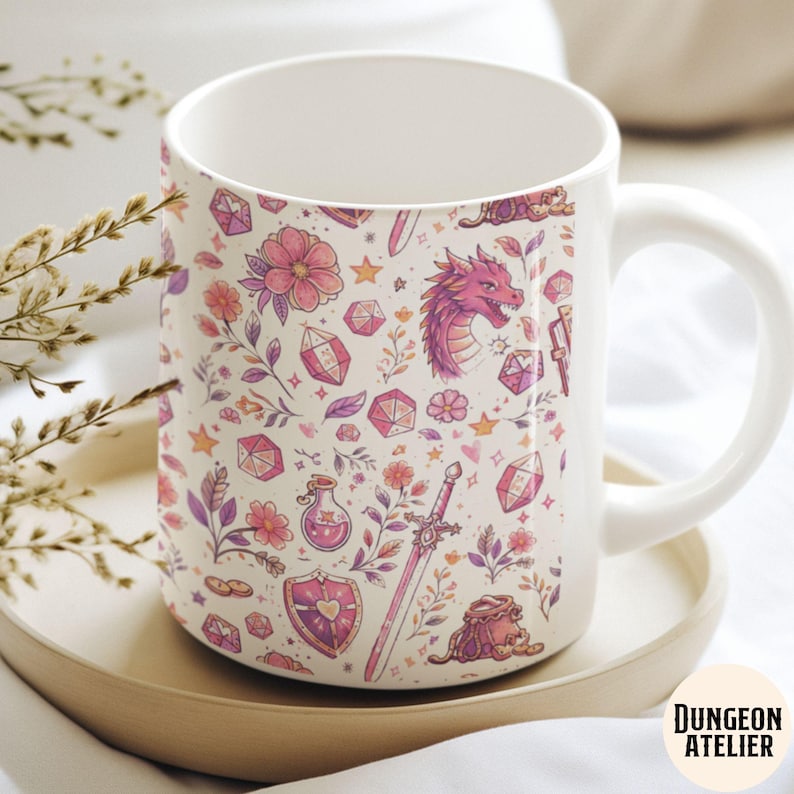 GIRLY DND MUG: Cozy Gamer Gift Dungeons Dragons Coffee Cup Rpg Dice Mug Gift for Dm Nerdy Girlfriend Game Night Present. Floral Paster whimsical mug , size 11 oz and 15 oz. dnd girlfriend wife or mom gift for birthday, christmas and anniversary