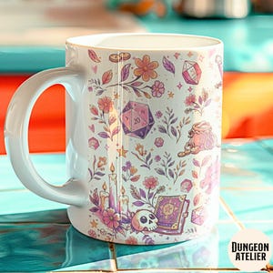 GIRLY DND MUG: Cozy Gamer Gift Dungeons Dragons Coffee Cup Rpg Dice Mug Gift for Dm Nerdy Girlfriend Game Night Present. Floral Paster whimsical mug , size 11 oz and 15 oz. dnd girlfriend wife or mom gift for birthday, christmas and anniversary