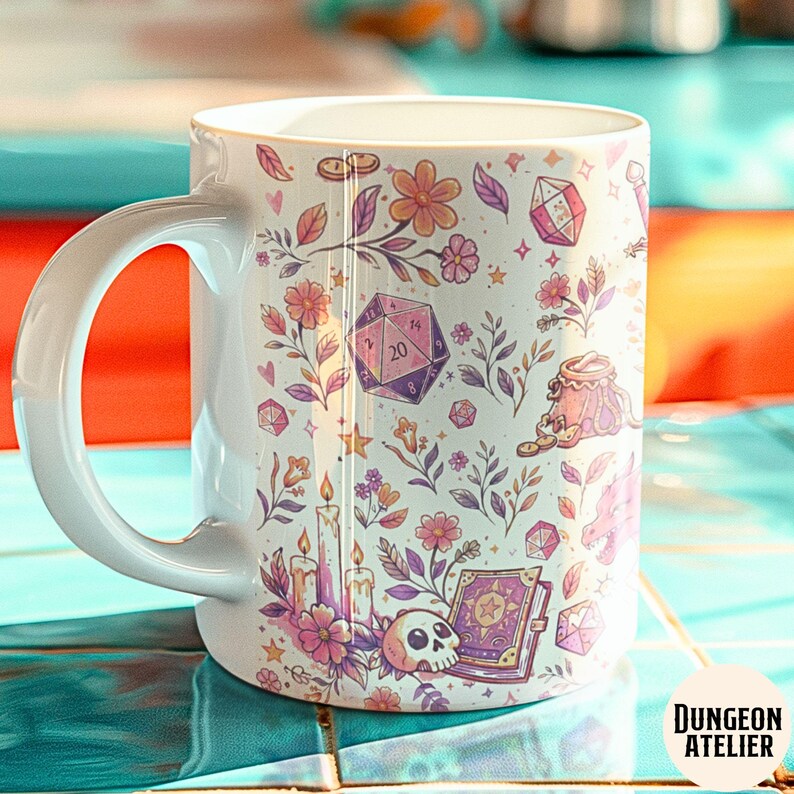 GIRLY DND MUG: Cozy Gamer Gift Dungeons Dragons Coffee Cup Rpg Dice Mug Gift for Dm Nerdy Girlfriend Game Night Present. Floral Paster whimsical mug , size 11 oz and 15 oz. dnd girlfriend wife or mom gift for birthday, christmas and anniversary