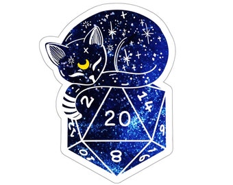 NAKLEJKA DND KOTA, naklejka DND dla kota, słodka naklejka DND, przezroczyste naklejki DND, naklejki z kostkami do gry w koty, kostki Celestial, naklejka Dungeons and Cats.