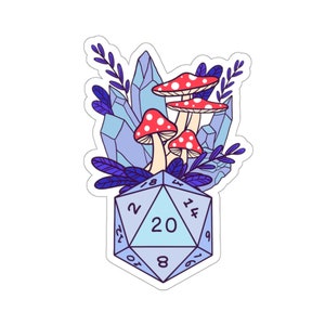 Autocollant DND CHAMPIGNON DÉ, Autocollant D20, Autocollant en vinyle du MDN, Autocollant transparent du MDN, Autocollant du MDN, Dés du Druide du MDN, Dé bleus