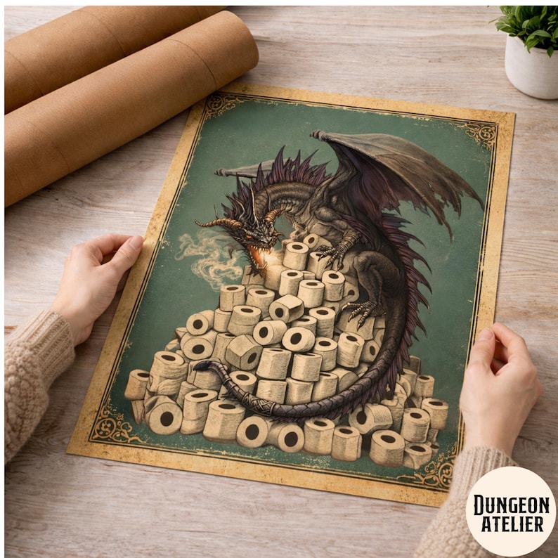 DRAGON WALL ART for Bathroom | Nerdy Medieval Fantasy Bathroom Humor Decor | D&D Dungeon Master Gift | Funny Geek Game Room