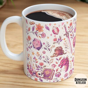GIRLY DND MUG: Cozy Gamer Gift Dungeons Dragons Coffee Cup Rpg Dice Mug Gift for Dm Nerdy Girlfriend Game Night Present. Floral Paster whimsical mug , size 11 oz and 15 oz. dnd girlfriend wife or mom gift for birthday, christmas and anniversary