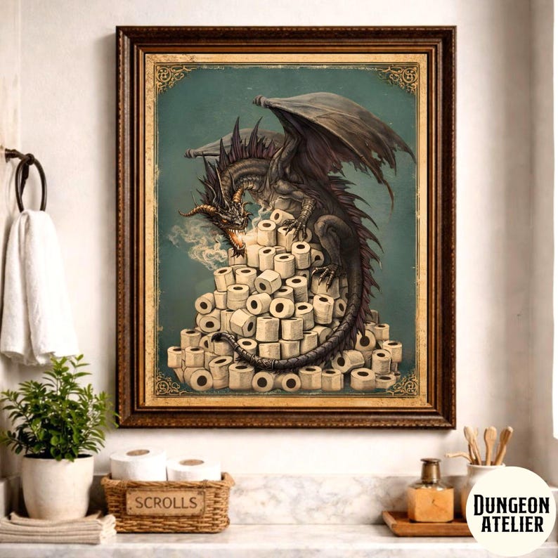 DRAGON WALL ART for Bathroom | Nerdy Medieval Fantasy Bathroom Humor Decor | D&D Dungeon Master Gift | Funny Geek Game Room