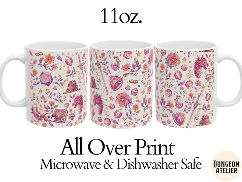 GIRLY DND MUG: Cozy Gamer Gift Dungeons Dragons Coffee Cup Rpg Dice Mug Gift for Dm Nerdy Girlfriend Game Night Present. Floral Paster whimsical mug , size 11 oz and 15 oz. dnd girlfriend wife or mom gift for birthday, christmas and anniversary