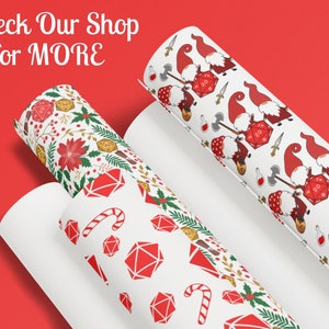 May include: Two rolls of white wrapping paper with different Christmas-themed patterns. One roll features a red and green floral pattern with dice and candy canes. The other roll features a pattern of red gnomes holding axes and dice.