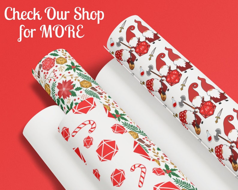 May include: Two rolls of white wrapping paper with different Christmas-themed patterns. One roll features a red and green floral pattern with dice and candy canes. The other roll features a pattern of red gnomes holding axes and dice.