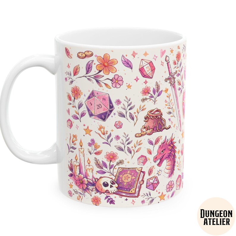 GIRLY DND MUG: Cozy Gamer Gift Dungeons Dragons Coffee Cup Rpg Dice Mug Gift for Dm Nerdy Girlfriend Game Night Present. Floral Paster whimsical mug , size 11 oz and 15 oz. dnd girlfriend wife or mom gift for birthday, christmas and anniversary