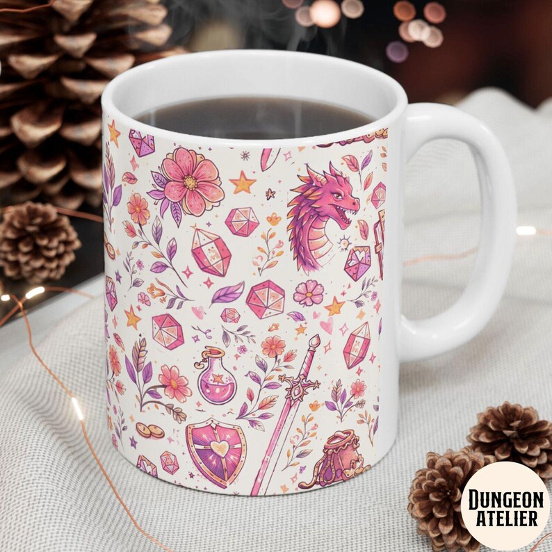 GIRLY DND MUG: Cozy Gamer Gift Dungeons Dragons Coffee Cup Rpg Dice Mug Gift for Dm Nerdy Girlfriend Game Night Present. Floral Paster whimsical mug , size 11 oz and 15 oz. dnd girlfriend wife or mom gift for birthday, christmas and anniversary