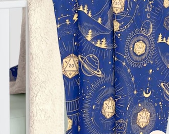 DND BLANKET Dungeons and Dragons RPG Cozy Throw Celestial D20 Dice Sherpa Fleece Blanket, nerdy dnd home decor gift, constellation night sky