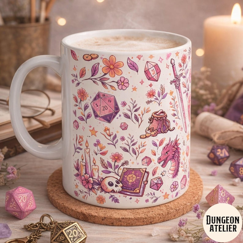 GIRLY DND MUG: Cozy Gamer Gift Dungeons Dragons Coffee Cup Rpg Dice Mug Gift for Dm Nerdy Girlfriend Game Night Present. Floral Paster whimsical mug , size 11 oz and 15 oz. dnd girlfriend wife or mom gift for birthday, christmas and anniversary