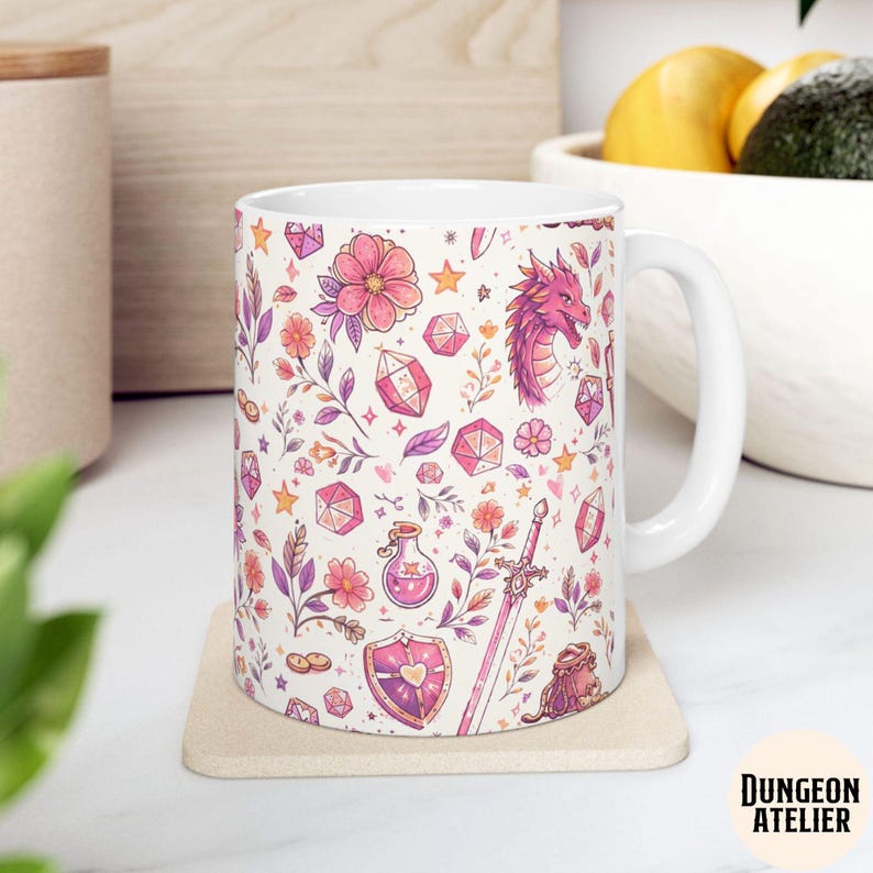 GIRLY DND MUG: Cozy Gamer Gift Dungeons Dragons Coffee Cup Rpg Dice Mug Gift for Dm Nerdy Girlfriend Game Night Present. Floral Paster whimsical mug , size 11 oz and 15 oz. dnd girlfriend wife or mom gift for birthday, christmas and anniversary