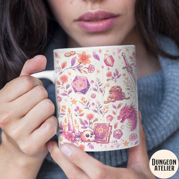 GIRLY DND MUG: Cozy Gamer Gift Dungeons Dragons Coffee Cup Rpg Dice Mug Gift for Dm Nerdy Girlfriend Game Night Present