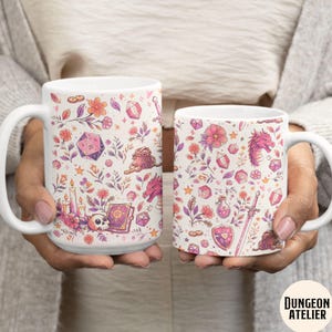 GIRLY DND MUG: Cozy Gamer Gift Dungeons Dragons Coffee Cup Rpg Dice Mug Gift for Dm Nerdy Girlfriend Game Night Present. Floral Paster whimsical mug , size 11 oz and 15 oz. dnd girlfriend wife or mom gift for birthday, christmas and anniversary