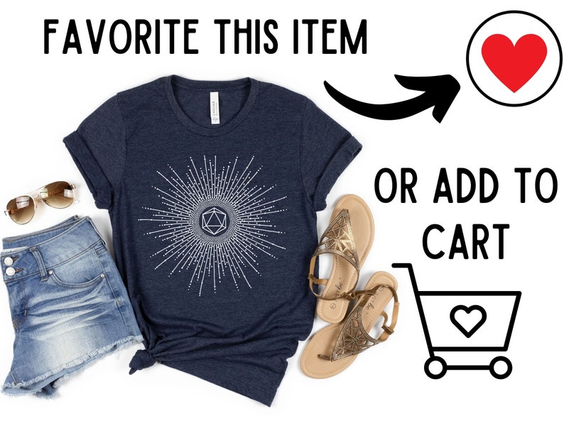 Puede incluir: Una camiseta azul marino con un gr&aacute;fico blanco de un dado de 20 caras rodeado de un dise&ntilde;o de rayos de sol. El texto "FAVORITE THIS ITEM" y "OR ADD TO CART" es visible en la imagen.