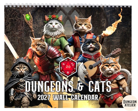DND CALENDAR 2027: cat calendar, Dungeons Dragons dnd christmas gift, medieval cats fantasy D&D wall calendar, nerdy dorm decor games room