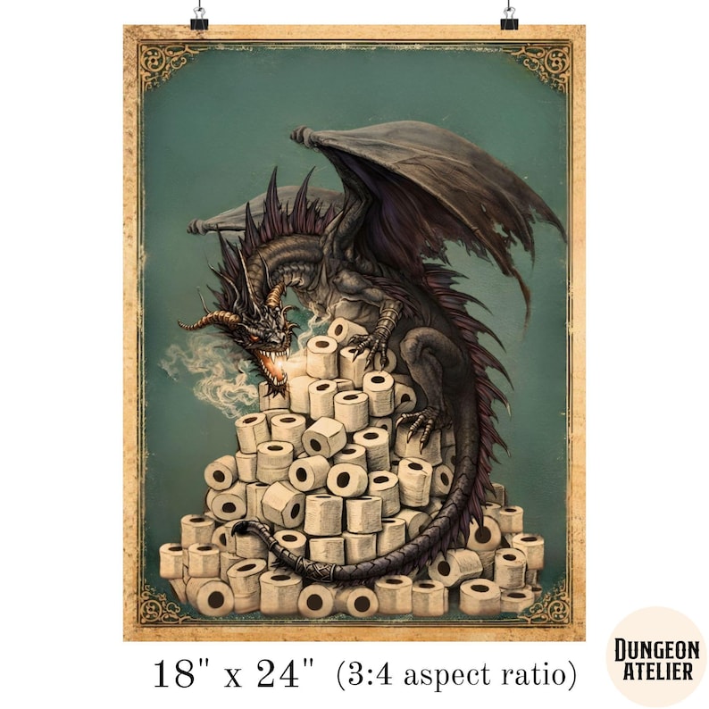 DRAGON WALL ART for Bathroom | Nerdy Medieval Fantasy Bathroom Humor Decor | D&D Dungeon Master Gift | Funny Geek Game Room