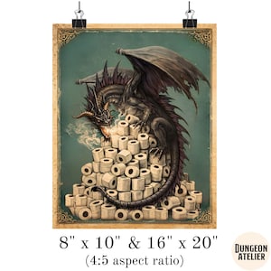 DRAGON WALL ART for Bathroom | Nerdy Medieval Fantasy Bathroom Humor Decor | D&D Dungeon Master Gift | Funny Geek Game Room