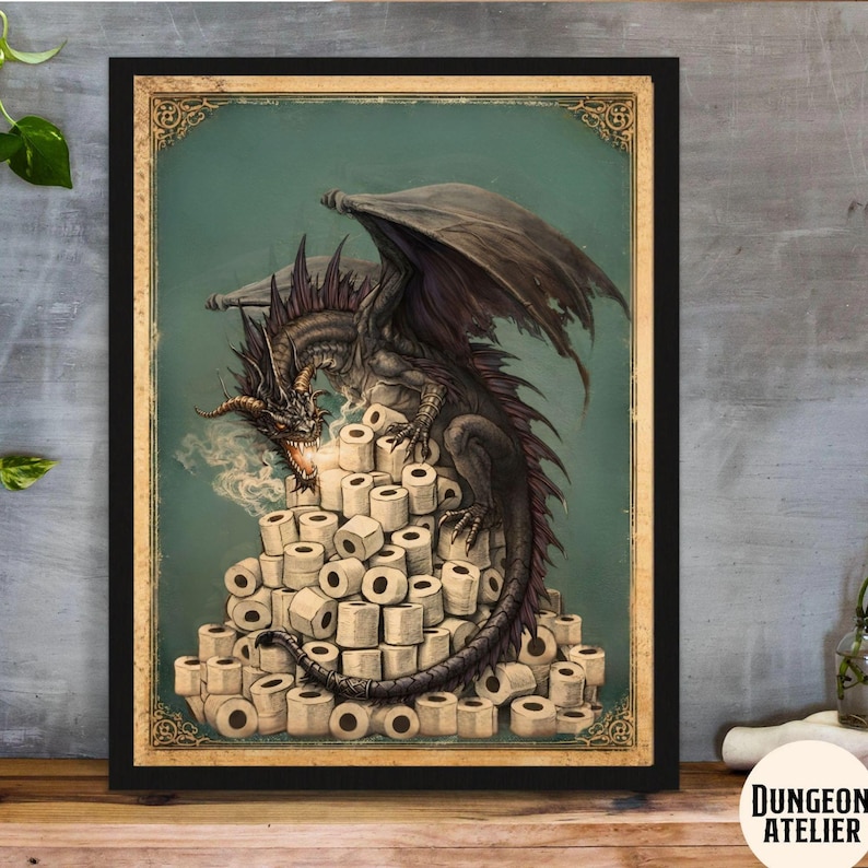 DRAGON WALL ART for Bathroom | Nerdy Medieval Fantasy Bathroom Humor Decor | D&D Dungeon Master Gift | Funny Geek Game Room   Tolkien, Lord of the Rings decor, the hobbit, MIDDLE EARTH MAP
