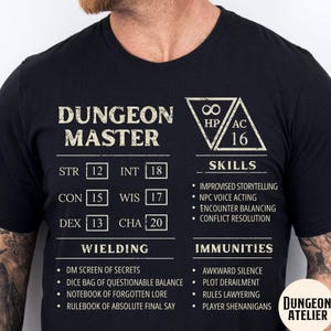 May include: Black t-shirt featuring the text "DUNGEON MASTER" in white, with game stats and skills listed below. The shirt includes stats such as STR, INT, CON, WIS, DEX, and CHA, plus skills and immunities.