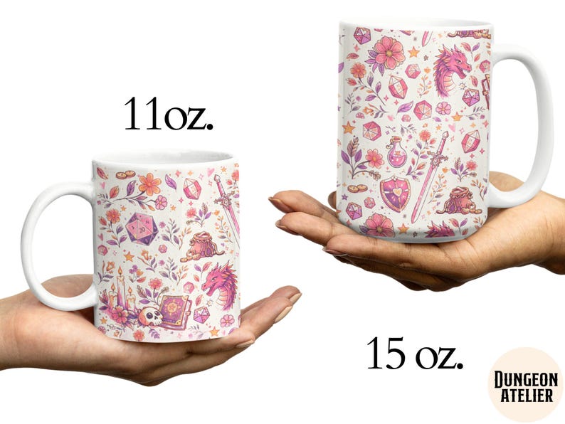 GIRLY DND MUG: Cozy Gamer Gift Dungeons Dragons Coffee Cup Rpg Dice Mug Gift for Dm Nerdy Girlfriend Game Night Present. Floral Paster whimsical mug , size 11 oz and 15 oz. dnd girlfriend wife or mom gift for birthday, christmas and anniversary