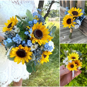 Sunflower Bouquet for Wedding, Sunflower Bride Bouquet, Artificial Blue and Yellow Wedding Bouquet, Sunflower Wedding Bouquet for Bridesmaid