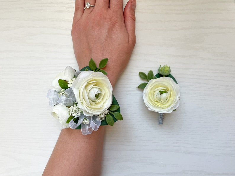 White Ivory Corsage and Boutonniere Set for Wedding, Artificial Winter Formal Boutonniere and Corsage Set 