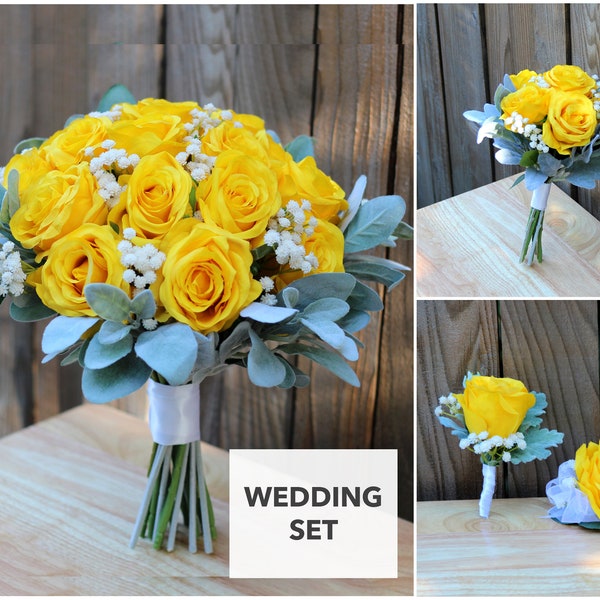 Wedding Bouquet Set | Artificial Bridal Bouquet and Bridesmaid Bouquet Beach | Rustic Bride Bouquet | Yellow Wedding Flowers