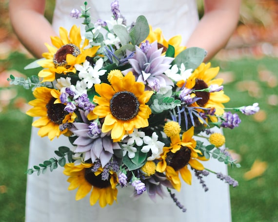 Wedding flowers bridal bouquets sunflowers purple bridal decorations 8 bouquets 