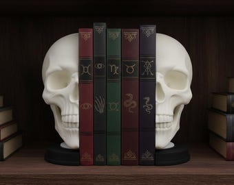 Sujetalibros con calavera gótica, decoración macabra impresa en 3D, acento de estantería de estilo academia oscura