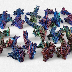 May include: A collection of 15 iridescent dragon figurines, each with a unique design and color scheme. The dragons are made of a shiny, metallic material and have intricate details.