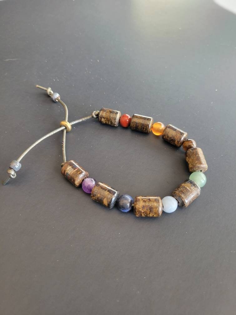 Men's Natural Bronzite & Map Stone Bracelet - Stretch Beaded Bracelet With Sterling Silver Pendant, Spiritual Gift