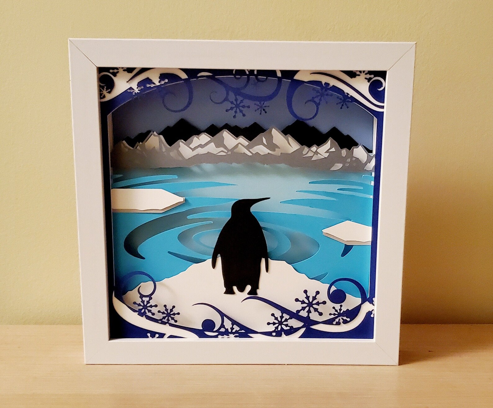 3D Penguin Layered Paper Cut Shadow Box Papercut Art in White Box Frame