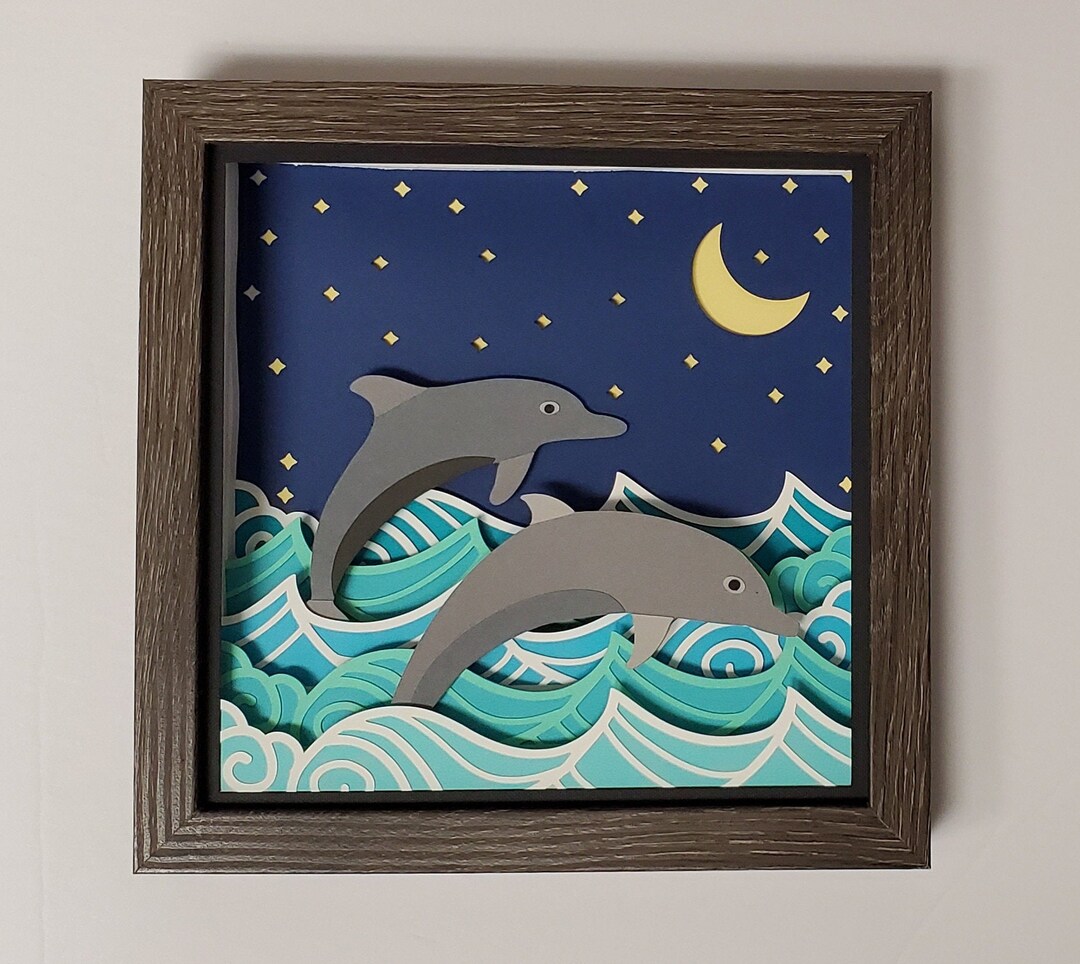 3D Dolphin Layered Papercut Shadow Box | Paper Cut Art in Dark Wood Box ...
