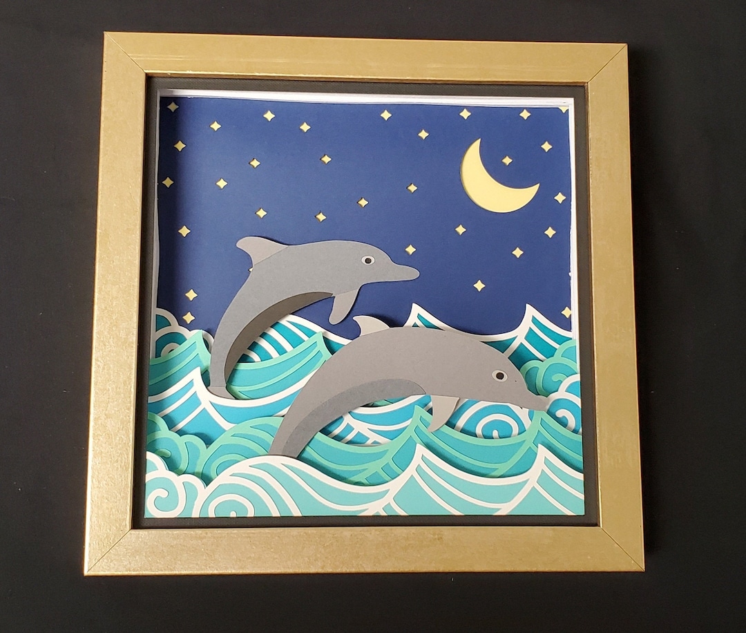 3D Dolphin Layered Papercut Shadow Box | Paper Cut Art in Gold Box ...