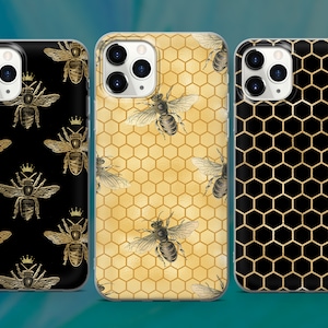 Honey Bee Phone Case Black Honeycomb Cover for iPhone 15 14 13 12 Pro 11 XR SE, Samsung S23 S22 A73 A53 A13 A14 S21 Fe S20, Pixel 8 7 6A