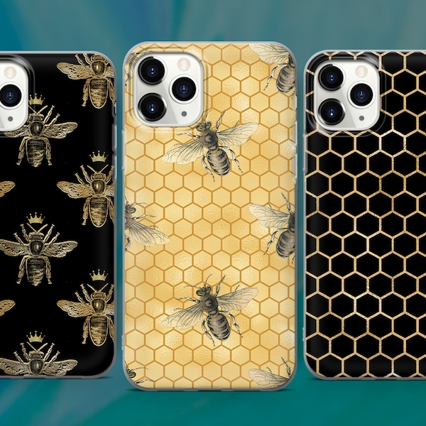 Honey Bee Phone Case Black Honeycomb Cover for iPhone 15 14 13 12 Pro 11 XR SE, Samsung S23 S22 A73 A53 A13 A14 S21 Fe S20, Pixel 8 7 6A